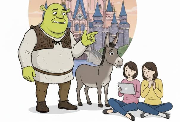 シュレックとディズニーキャラクターが困惑した表情で向かい合っているイラスト
