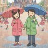 雨のディズニーランドで、傘をさして手をつなぐ日本人カップルと、雨を楽しむキャラクターたちのイラスト