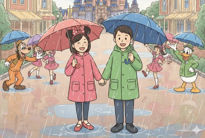 雨のディズニーランドで、傘をさして手をつなぐ日本人カップルと、雨を楽しむキャラクターたちのイラスト