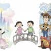 ディズニーキャッスルとミッキー＆ミニー、日本人の子供たち、ピクサーキャラクター（ウッディ、バズ、ライトニング・マックィーン）が描かれたイラスト