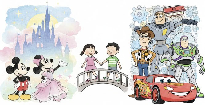 ディズニーキャッスルとミッキー＆ミニー、日本人の子供たち、ピクサーキャラクター（ウッディ、バズ、ライトニング・マックィーン）が描かれたイラスト