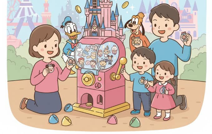 ディズニーランドのシンデレラ城とカプセルトイ（ガチャガチャ）を楽しむ日本人の家族のイラスト