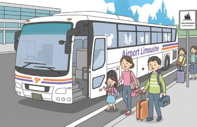 羽田空港からディズニーランド行きのリムジンバスに乗車する日本人の家族のイラスト