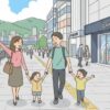 仙台駅周辺の街並みと、ディズニーストアに向かう日本人の家族のイラスト