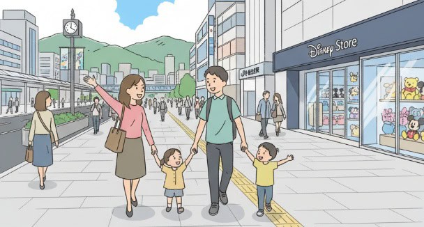 仙台駅周辺の街並みと、ディズニーストアに向かう日本人の家族のイラスト