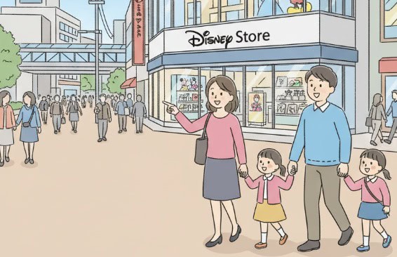 町田の街並みと、ディズニーストアを指差す日本人の家族のイラスト