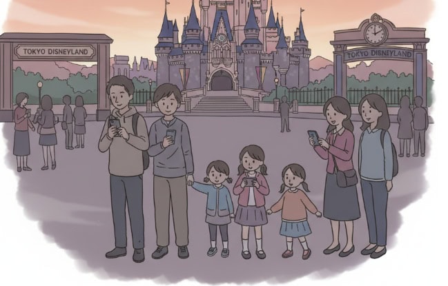 早朝の東京ディズニーランドのゲート前で、スマートフォンを操作しながら開園を待つ家族連れの日本人旅行者