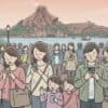 早朝の東京ディズニーシーのメディテレーニアンハーバーで、スマートフォンを操作しながら開園を待つ日本人旅行者たち