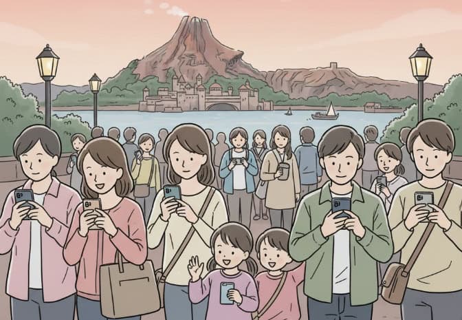 早朝の東京ディズニーシーのメディテレーニアンハーバーで、スマートフォンを操作しながら開園を待つ日本人旅行者たち