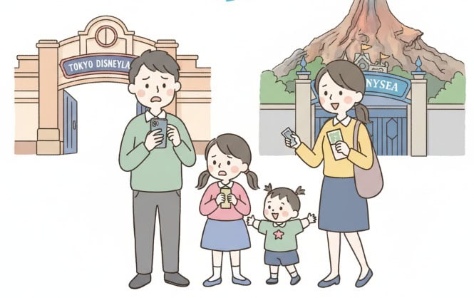 東京ディズニーリゾートのチケットを間違えてしまい、慌ててスマートフォンを見ている日本の家族と、正しいチケットを持ってディズニーシーに向かう母親と子供たちのイラスト。