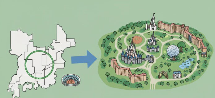 フロリダのディズニーワールドの広さを、東京23区と東京ドームと比較した地図と共に、地図を広げて話し合う日本の家族