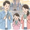 東京ディズニーランドのシンデレラ城前で、スマートフォンを操作し、チケットを共有している様子の日本の家族。