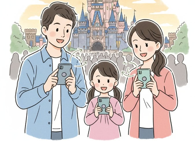 東京ディズニーランドのシンデレラ城前で、スマートフォンを操作し、チケットを共有している様子の日本の家族。