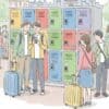 東京ディズニーランドのカラフルなコインロッカーの前で、スマートフォンを見ながら空き状況を確認している日本の旅行者たち。