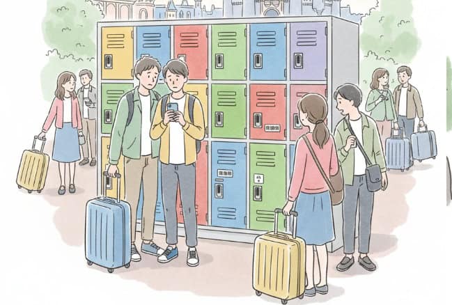 東京ディズニーランドのカラフルなコインロッカーの前で、スマートフォンを見ながら空き状況を確認している日本の旅行者たち。
