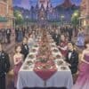 夜の東京ディズニーランドを貸し切り、シンデレラ城を背景に花火が上がる中、盛大なディナーパーティーを楽しむ多くの日本人参加者。