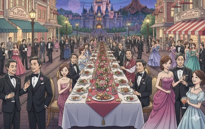 夜の東京ディズニーランドを貸し切り、シンデレラ城を背景に花火が上がる中、盛大なディナーパーティーを楽しむ多くの日本人参加者。