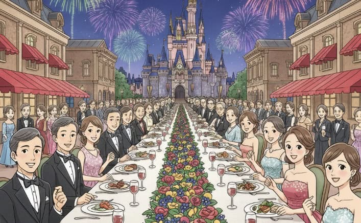 夜の東京ディズニーランドを貸し切り、シンデレラ城を背景に打ち上がる花火を眺めながら、ディナーパーティーを楽しむ日本人ゲストたち。
