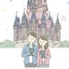 ディズニーのお城の前で年間パスポートの再開を待つ日本人カップルのイラスト