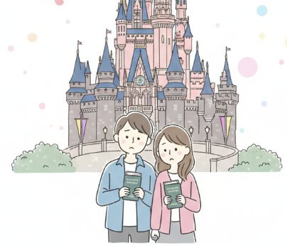 ディズニーのお城の前で年間パスポートの再開を待つ日本人カップルのイラスト