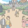 比較的空いているディズニーリゾートで楽しむ家族連れのイラスト、上部には閑散期を示すカレンダー