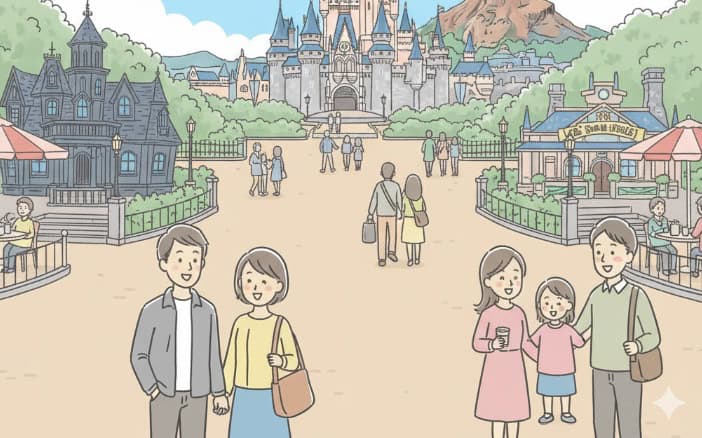 比較的空いているディズニーリゾートで楽しむ家族連れのイラスト、上部には閑散期を示すカレンダー