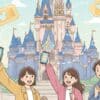 東京ディズニーランド40周年のシンデレラ城を背景に、スマートフォンでプライオリティパスを取得しようとしている3人の日本人。