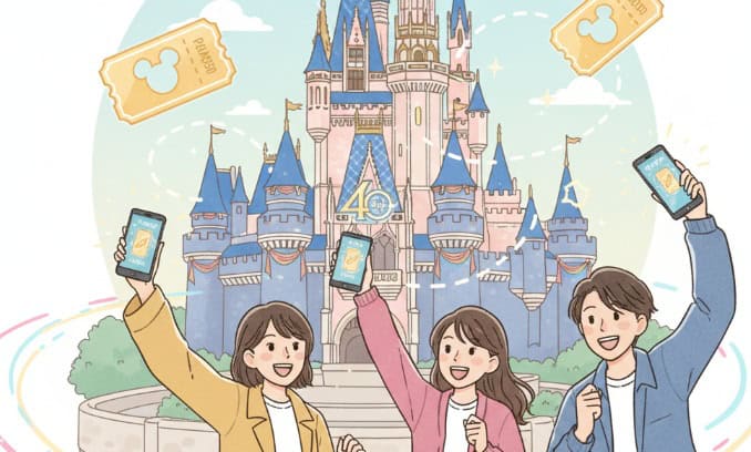 東京ディズニーランド40周年のシンデレラ城を背景に、スマートフォンでプライオリティパスを取得しようとしている3人の日本人。