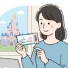 東京ディズニーリゾートのチケットの有効期限を確認する日本人女性のイラスト。