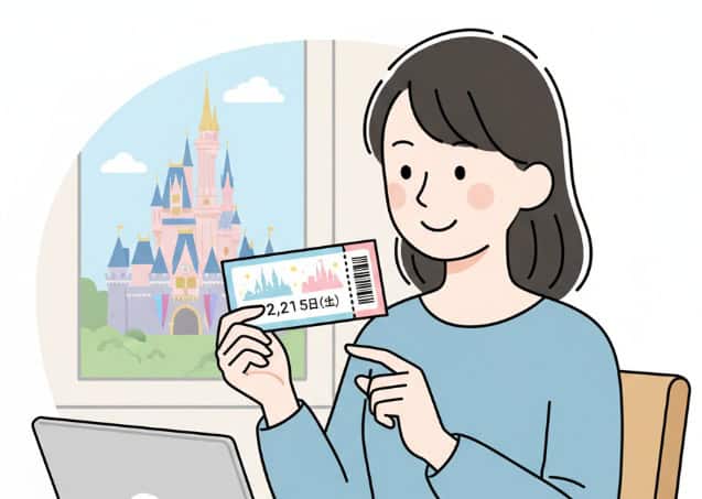 東京ディズニーリゾートのチケットの有効期限を確認する日本人女性のイラスト。