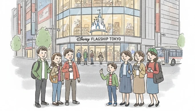 新宿大通りに位置するディズニーフラッグシップ東京の入り口を描いたシンプルなイラスト。