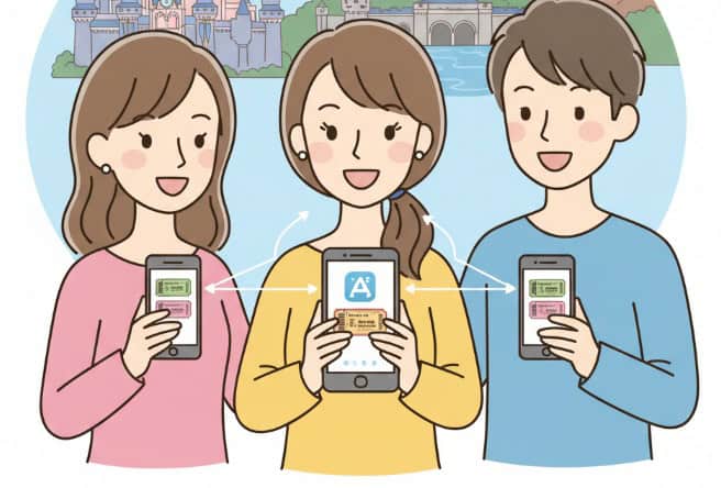 ディズニーリゾートアプリでチケットを分配する日本人3人組のイラスト