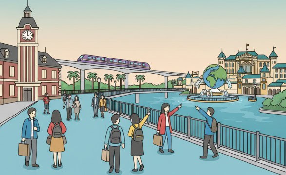 : 舞浜駅から東京ディズニーシーへ徒歩で向かう人々の簡易的なイラスト
