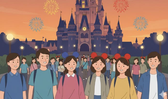 ディズニーランドの夕暮れ時、シンデレラ城と花火が輝くイラスト