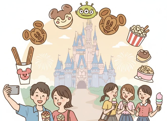 東京ディズニーランドで食べ歩きを楽しむカップルと友人たち、シンデレラ城とパークフードのイラスト。