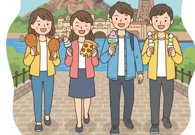 東京ディズニーシーの食べ歩きグルメを楽しむ日本人のイラスト