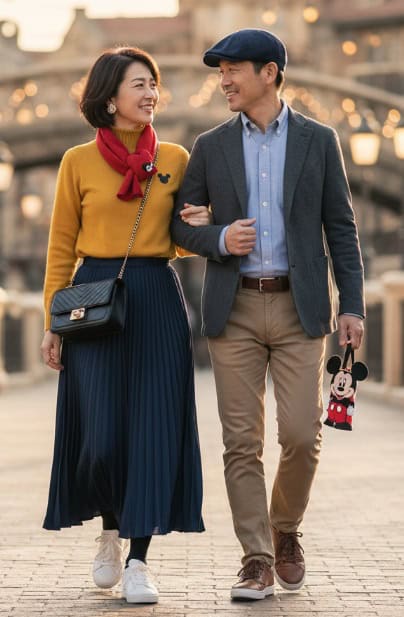 11月のディズニーシーで橋を腕を組んで歩く40代〜50代の夫婦。女性はからし色のニットにネイビーのプリーツスカート、赤いストールを身につけ、ミッキーのブローチでさりげなくディズニー感を演出。男性はネイビーのジャケットにライトブルーのシャツ、ベージュのパンツとハンチング帽を合わせている。