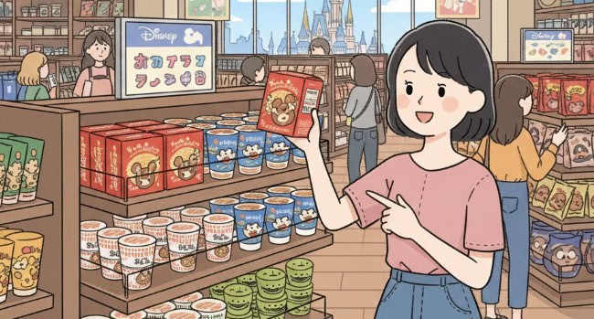 ディズニーのお土産ショップでラーメンを見つけて喜ぶ日本人の女性のイラスト