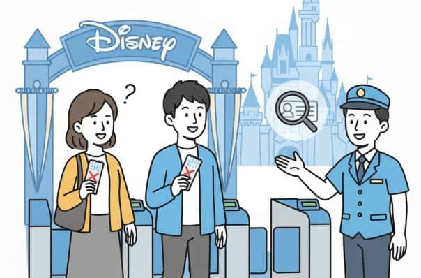 ディズニーランドのゲートで、キャストが入園者に本人確認をしているかどうかを表すイラスト。