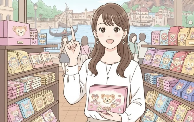 ディズニーシーのお土産ショップでダッフィー＆フレンズのお菓子を持って微笑む日本人の女性のイラスト