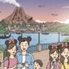 ディズニーシーのパーク風景と楽しむ日本人観光客のイラスト