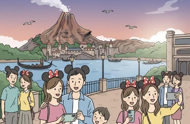 ディズニーシーのパーク風景と楽しむ日本人観光客のイラスト