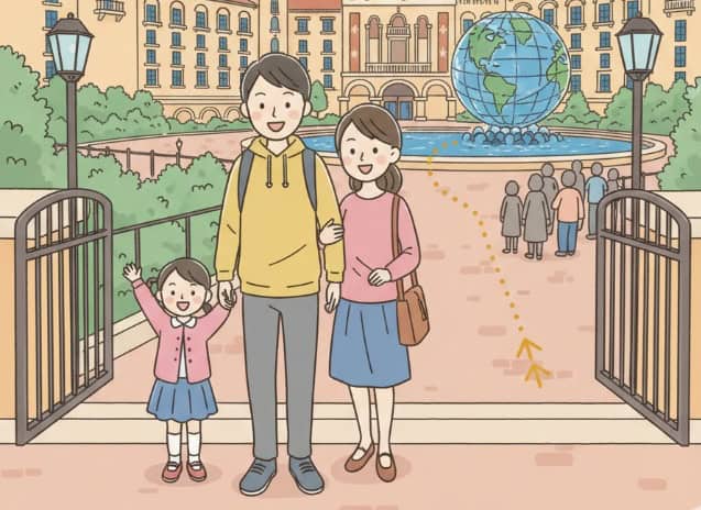 ディズニーシー・ホテルミラコスタの宿泊者専用ゲートからハッピーエントリーで入園する家族