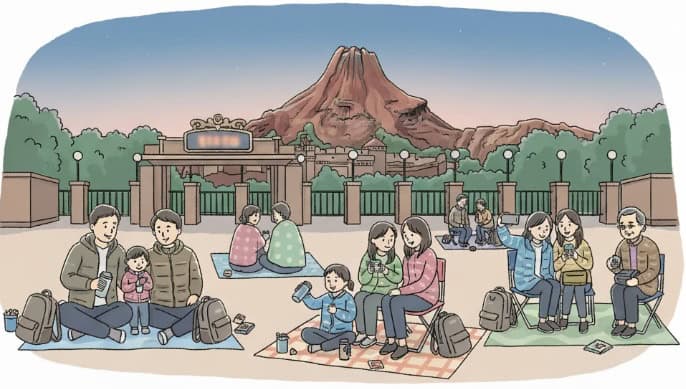 ディズニー開園前にハッピーエントリーで並ぶ日本人家族と友人グループのイラスト。夜明け前のパークゲート前で、レジャーシートや折りたたみ椅子に座り、それぞれ飲み物を飲んだり、スマートフォンを見たりして開園を待っている。奥にはプロメテウス火山のシルエットが見える。