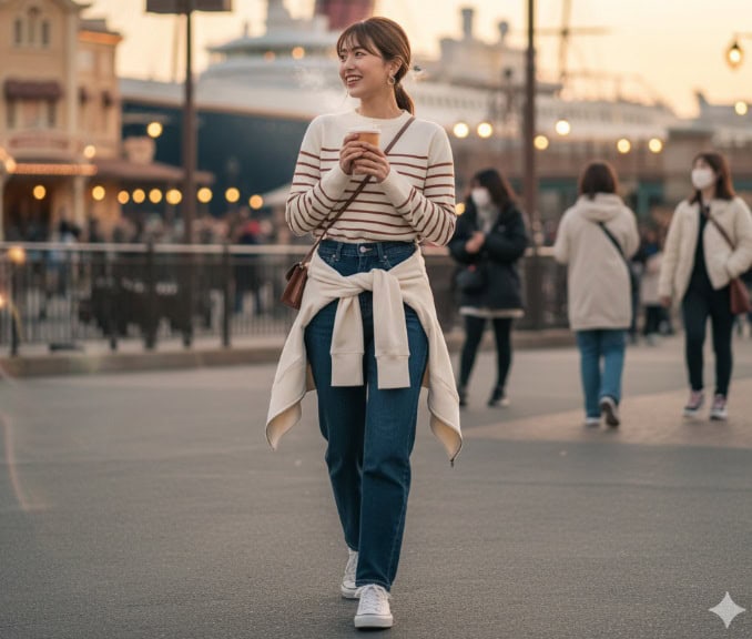 10月のディズニーシーで、パーカーを腰に巻き、温かい飲み物を持った日本の若い女性が笑顔で歩いている。背景には大きな船が見え、夕暮れ時のパークの様子が写されている。