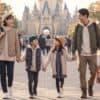 11月のディズニーランドで笑顔で手をつなぎながら歩く家族。父親はカーキのジャケット、母親はキルティングジャケットを着ており、子供たちも冬用の帽子と暖かそうなアウターを着用している。背景にはシンデレラ城と紅葉した木々が見える。