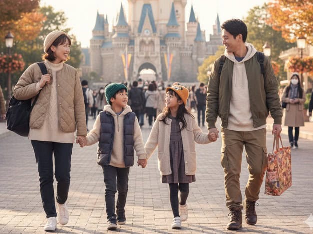 11月のディズニーランドで笑顔で手をつなぎながら歩く家族。父親はカーキのジャケット、母親はキルティングジャケットを着ており、子供たちも冬用の帽子と暖かそうなアウターを着用している。背景にはシンデレラ城と紅葉した木々が見える。
