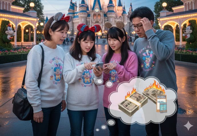ディズニーリゾートでスマートフォンのホテル予約サイトを見て、宿泊費の高さに悩む家族の様子