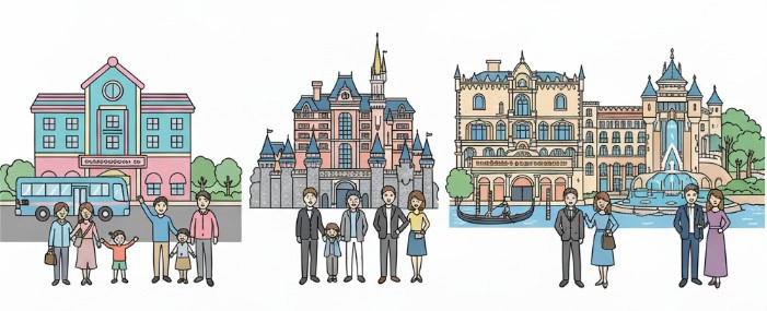 東京ディズニーセレブレーションホテル、ディズニーホテル、ホテルミラコスタの3つのディズニーホテルを安い順に並べた簡易的なイラスト。それぞれのホテルの前に、楽しそうな日本人家族やカップルが描かれている。