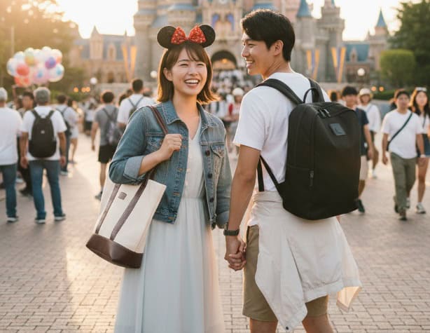 ディズニーランドのシンデレラ城を背景に、笑顔で手をつなぐ日本人カップル。男性は黒いリュックサックを背負い、女性はトートバッグとミニーの耳カチューシャをつけている。